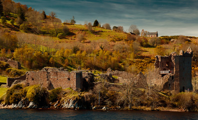 Ultra close-up shot of the Urquhart Castle, Loch Ness, Scotland, UK  on a sunny day