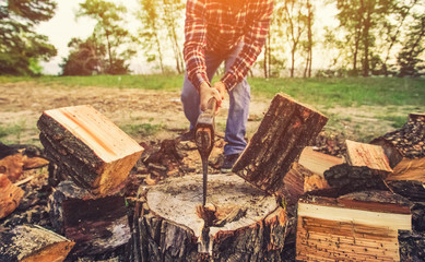 Male Lumberjack in the black-and-red plaid shirt with an ax chopping a tree in the forest.
