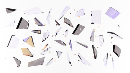 Abstract white background with isolated glass shards and glitter. 3d illustration, 3d ..rendering.