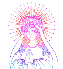 Lady of Sorrow. Devotion to the Immaculate Heart of Blessed Virgin Mary, Queen of Heaven. Vector illustration isolated on white.