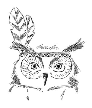 Hand drawn black owl with ethnic headdress with feathers in Native American style. Sketch vector illustration