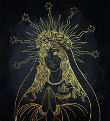 Lady of Sorrow. Devotion to the Immaculate Heart of Blessed Virgin Mary, Queen of Heaven. Vector illustration isolated. - obrazy, fototapety, plakaty