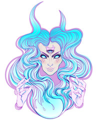 Young beautiful witch. Mystic character. Alchemy, religion, spirituality, occultism, tattoo art. Isolated vector illustration. Halloween concept.