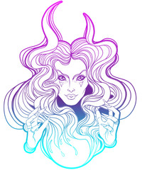 Young beautiful witch. Mystic character. Alchemy, religion, spirituality, occultism, tattoo art. Isolated vector illustration. Halloween concept.