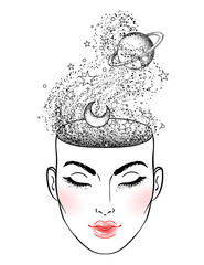 The girl face with the space inside her head. Dotwork tattoo flash design. Female portrait or night goddess with space, stars, moon and Saturn planet.