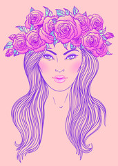 Pretty girl with crown of roses flowers in her hair. Female portrait or summer fairy or nymph. Vector isolated illustration. Fantasy, beauty, boho style