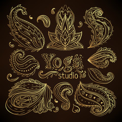 Yoga, meditation vector illustration set. Hindu paisley motifs. Tattoo, spirituality, prints, ornamental floral elements with henna tattoo, golden stickers, flash temporary tattoo