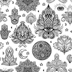 Seamless pattern of Ornamental Paisley Elements. Vector illustration. Tattoo template. Trendy hand drawn tribal symbol background. Hippie design elements.
