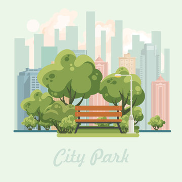 City park vector illustration with bench, trees, plants in flat design. Green landscape. Outdoor activities.