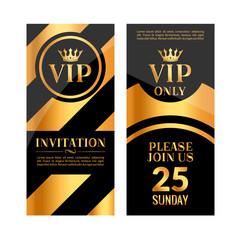 VIP party premium golden invitation card design. Quilted party banner certificate. Vip club with crown decoration. Elegant premium invitation