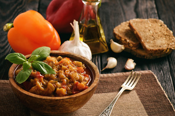 Ratatouille- stewed eggplants, zucchini, carrot and tomatoes.