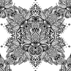 All seeing eye seamless pattern. Hand drawn vintage style background. Alchemy, spirituality, occultism, textiles art. Isolated vector illustration.