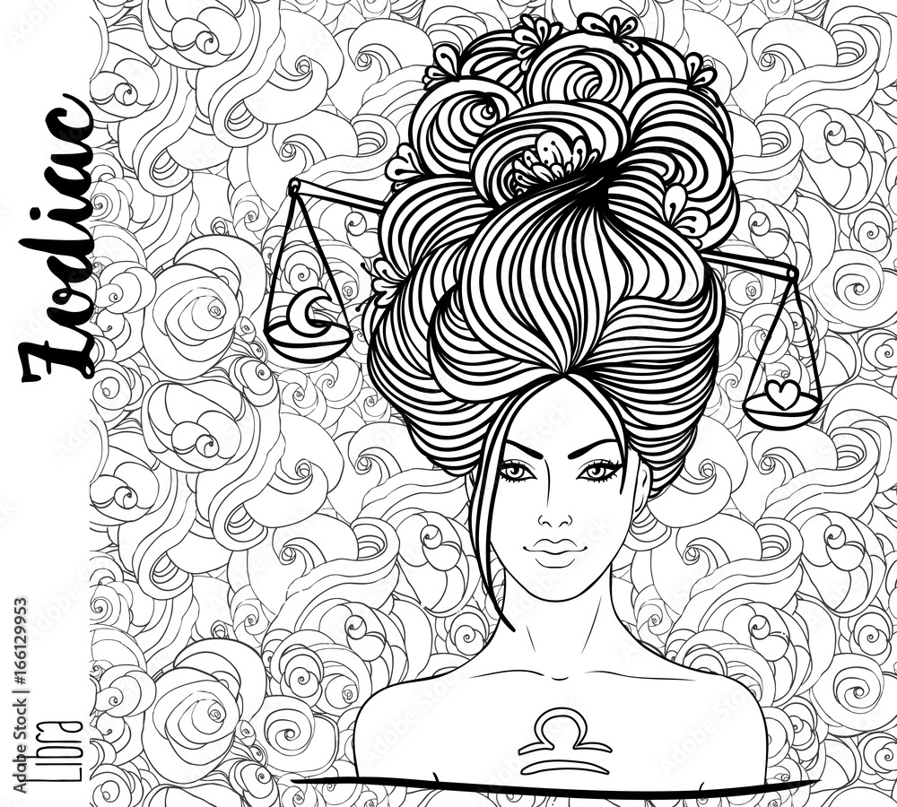 Wall mural zodiac: libra zodiac sign as a beautiful girl. vector art with portrait of a pretty girl. black, whi