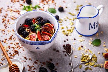 Granola with fresh figs,blackberry and honey. Breakfast on the gray background.Food or Healthy diet concept.Top View.Copy space for Text.selective focus.