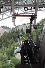 The Alps, France-Italy border, 29 July 2017 - Skyway cable car revolving cabin travelling to Punta Helbronner (Pointe Helbronner) in the Graian Alps