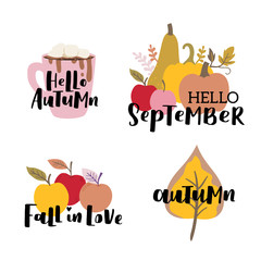 Set of autumn vector illustration with hand lettering. Trendy color palette and black ink phrases on white isolated background. Hot chocolate cup, pumpkin, apple and autumn leaves.