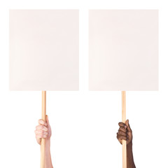 Protest signs in hands, isolated on white background