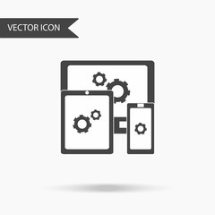 An icon with an image of an electronic device of a mobile phone, tablet and monitor with gears inside on a white background. The flat icon for your web design, logo, UI. Vector illustration