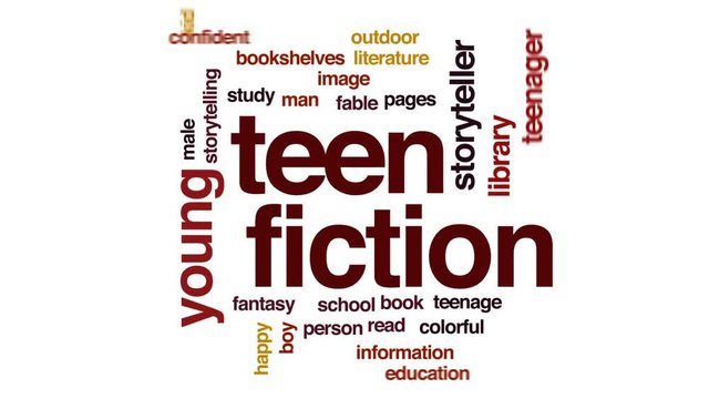 Teen fiction animated word cloud, text design animation.