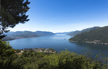 Fototapeta na wymiar View over Maccagno to Lake Maggioreo - Maccagno, Lake Maggiore, Varese, Lombardy, Italy