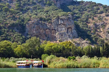 Foto op Plexiglas The panoramic view of rock tombs at Kaunos antique city at Dalyan, Turkey © 0meer