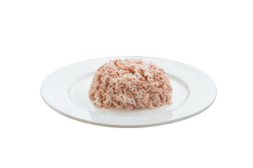 Brown rice in white plate ready to eat, isolated on white background with clipping path