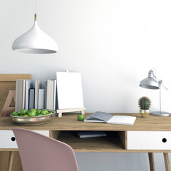 Modern light interior, a place for study, consisting of working Desk, book, lamp. 3D illustration. wall mock up