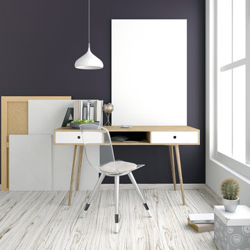 Modern light interior, a place for study, consisting of working Desk, lamp, monitor and a poster on the background of light wall. 3D illustration. poster mock up