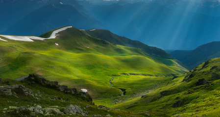 Green river valley in beams of evening sun. Caucasus mountains. - obrazy, fototapety, plakaty