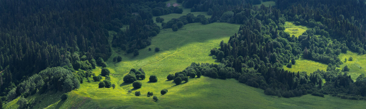 Top View On Green Valley Of Pkhiya District. Caucasus Mountains.