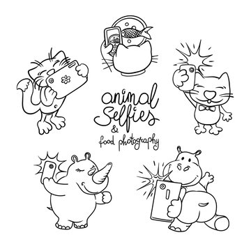 Animals taking selfie photo on smart phone. Outline drawing for coloring.