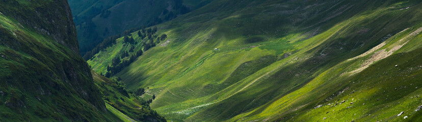 Picturesque mountain emerald valley of river Zagedanka. Caucasus mountains.