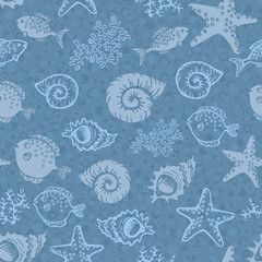 Hand drawn vintage sea background with underwater inhabitants Seamless texture of fish, sea grass, shells and starfish. Vector illustration.