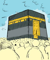 Crowds of people around the Kaaba in Mecca