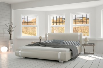 Inspiration of white minimalist bedroom. Scandinavian interior design. 3D illustration