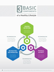 Infographics - 3 basic components of a Healthy Lifestyle - proper nutrition, physical activity and recreation. Vector infographic or presentation template with icons and recomendations.