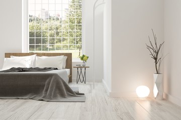 Inspiration of white bedroom with green landscape in window. Scandinavian interior design. 3D illustration