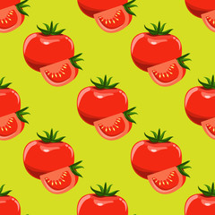 Tomatoes and slices of tomato seamless background. Flat and solid color design vector.