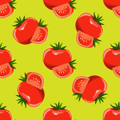 Tomatoes and slices of tomato seamless background. Flat and solid color design vector.