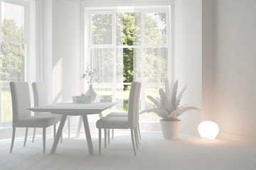 White dinner room with summer landscape in window. Scandinavian interior design. 3D illustration