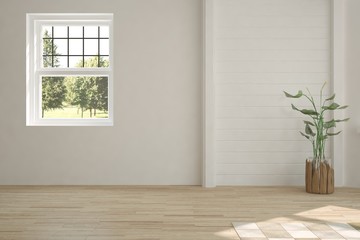 White empty room with summer landscape in window. Scandinavian interior design. 3D illustration