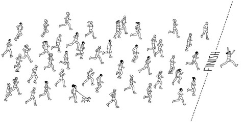 Tiny hand drawn marathon runners and a winner crossing the finish line - obrazy, fototapety, plakaty
