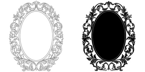 Oval vintage border frame engraving with retro ornament pattern in antique baroque style decorative design. Vector.