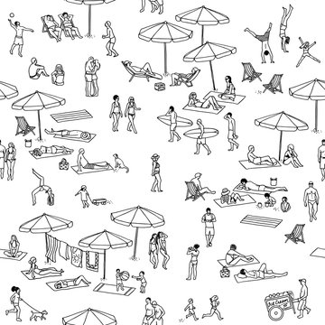 Seamless pattern of tiny people at the beach: a diverse collection of small hand drawn men, women and children playing, walking and sunbathing at the beach