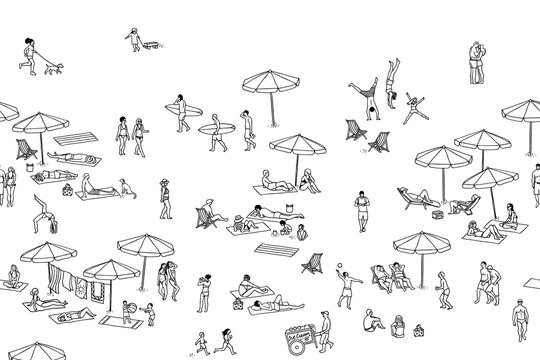 Seamless banner of tiny people at the beach, can be tiled horizontally: a diverse collection of small hand drawn men, women and kids playing,