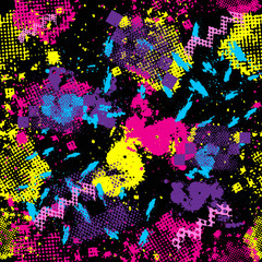 Abstract seamless pattern for girls,boys.Creative vector background with dots, blots, geometric figures.Funny wallpaper for textile and fabric.Fashion style.Colorful bright Pink, yellow, purple