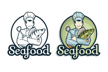 Vector seafood logo. Cartoon chef with fish in hands. Isolated on white background. Ocean Delicacies collection