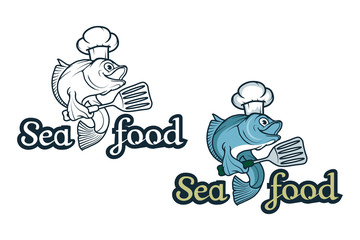 Fototapeta na wymiar Vector seafood logo. Cartoon fish chef. Isolated on white background. Ocean Delicacies collection