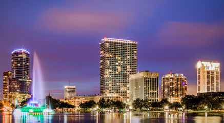 Nighttime cityscape of Lake Eola in downtown Orlando, Florida.