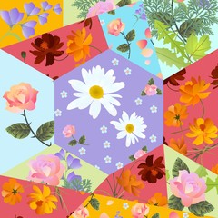 Summer patchwork pattern with cosmos, rose, daisy and bell flowers.